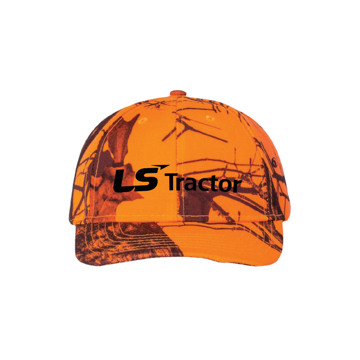 Image of the front view of an orange mossy oak cap with the LS Tractor logo in black color on it