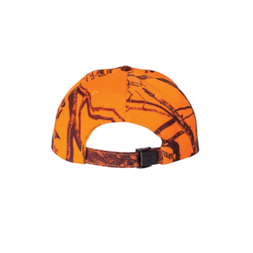 Image of the front view of an orange mossy oak cap with the LS Tractor logo in black color on it